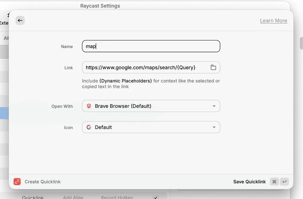 Google Maps Quicklink settings