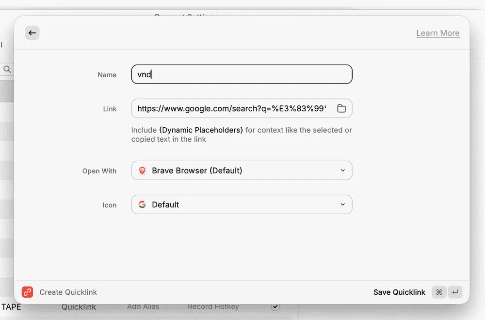 Quicklink settings for VND to JPY currency conversion