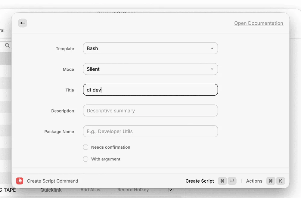 Script Command creation screen to launch blog development environment