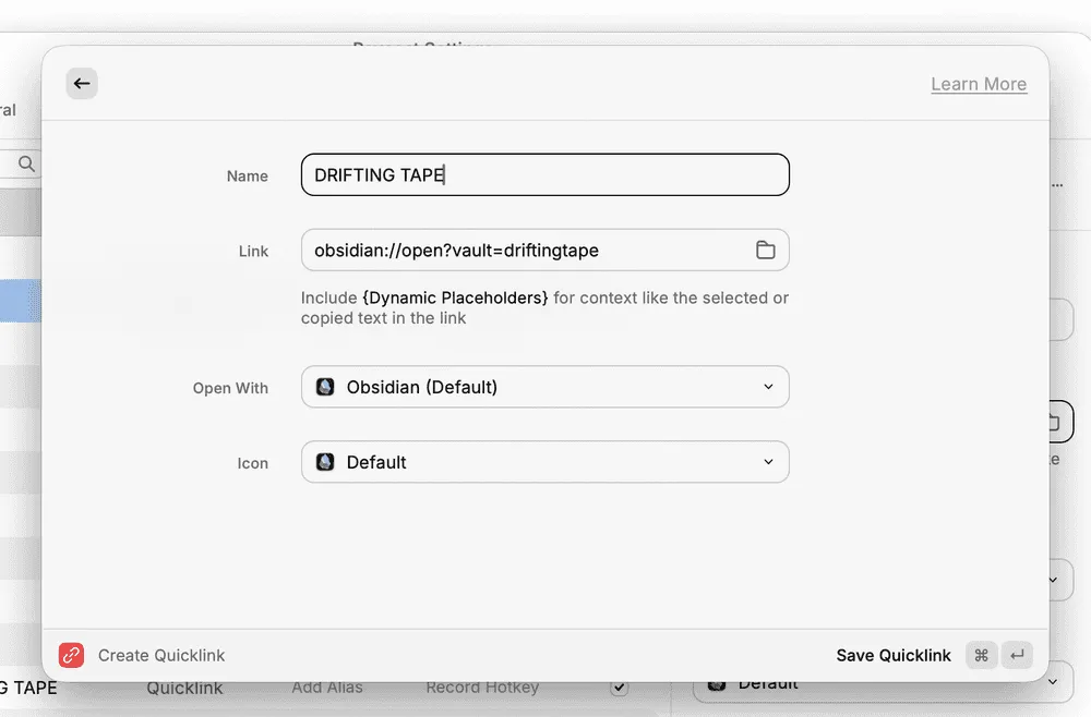 Quicklink settings to open Obsidian vault
