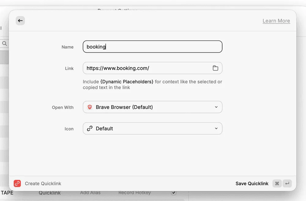 Raycast Quicklink settings screen