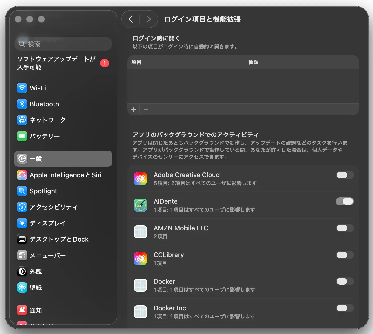 ログイン項目と拡張機能設定画面のスクリーンショット