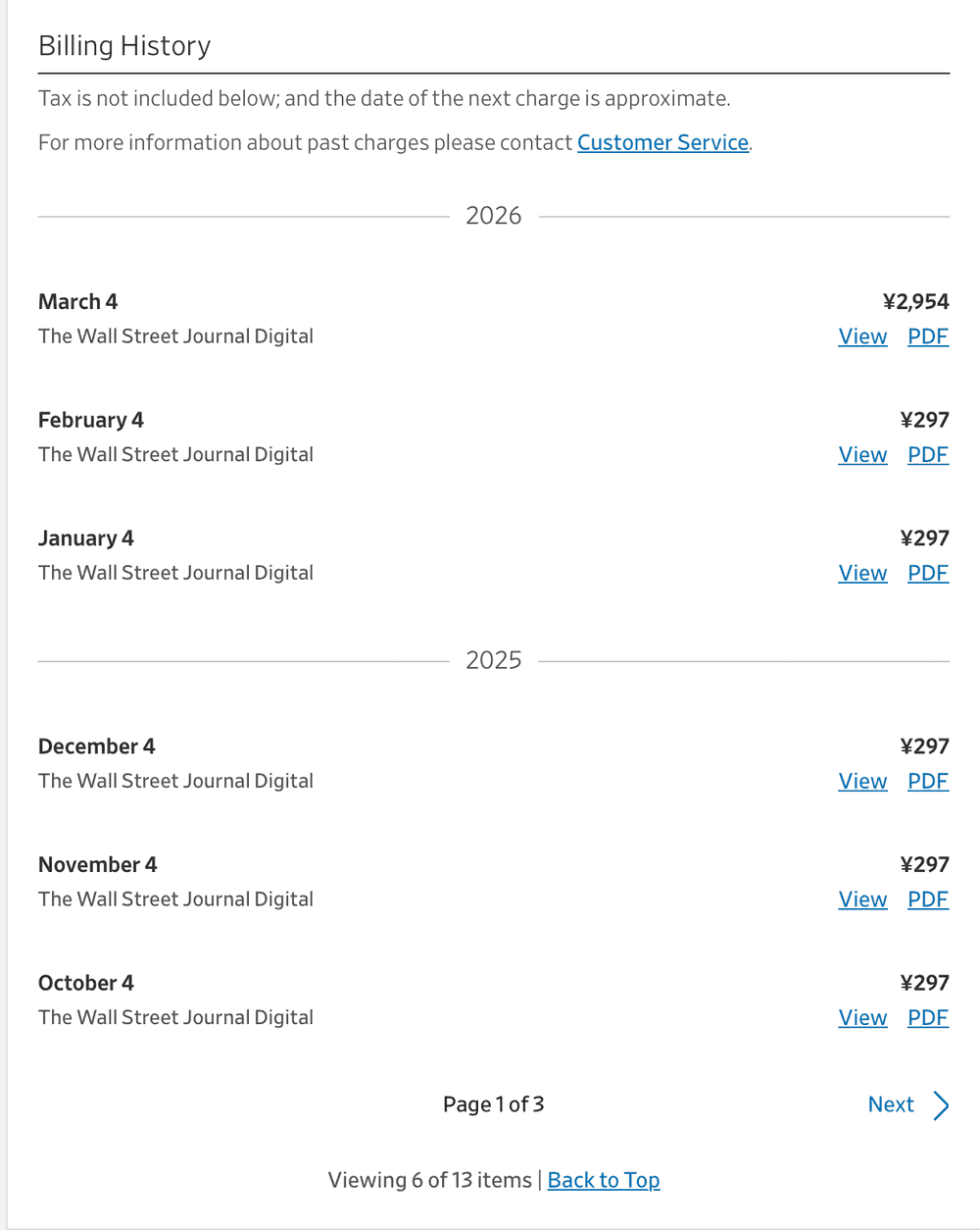 WSJ subscription billing screen showing transition from promotional price to standard monthly charge after trial period